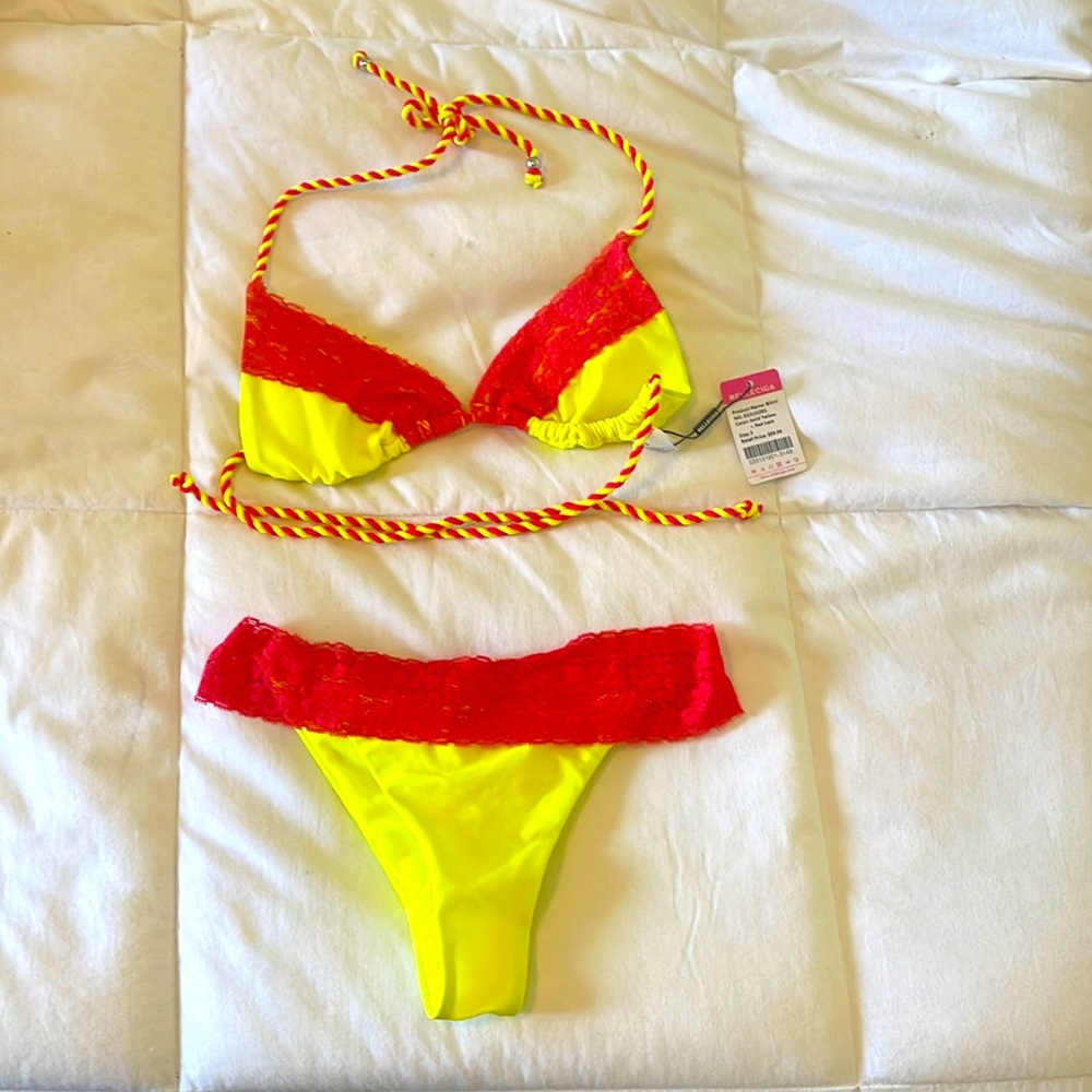 Relleciga yellow with red lace bathing swim suit Small